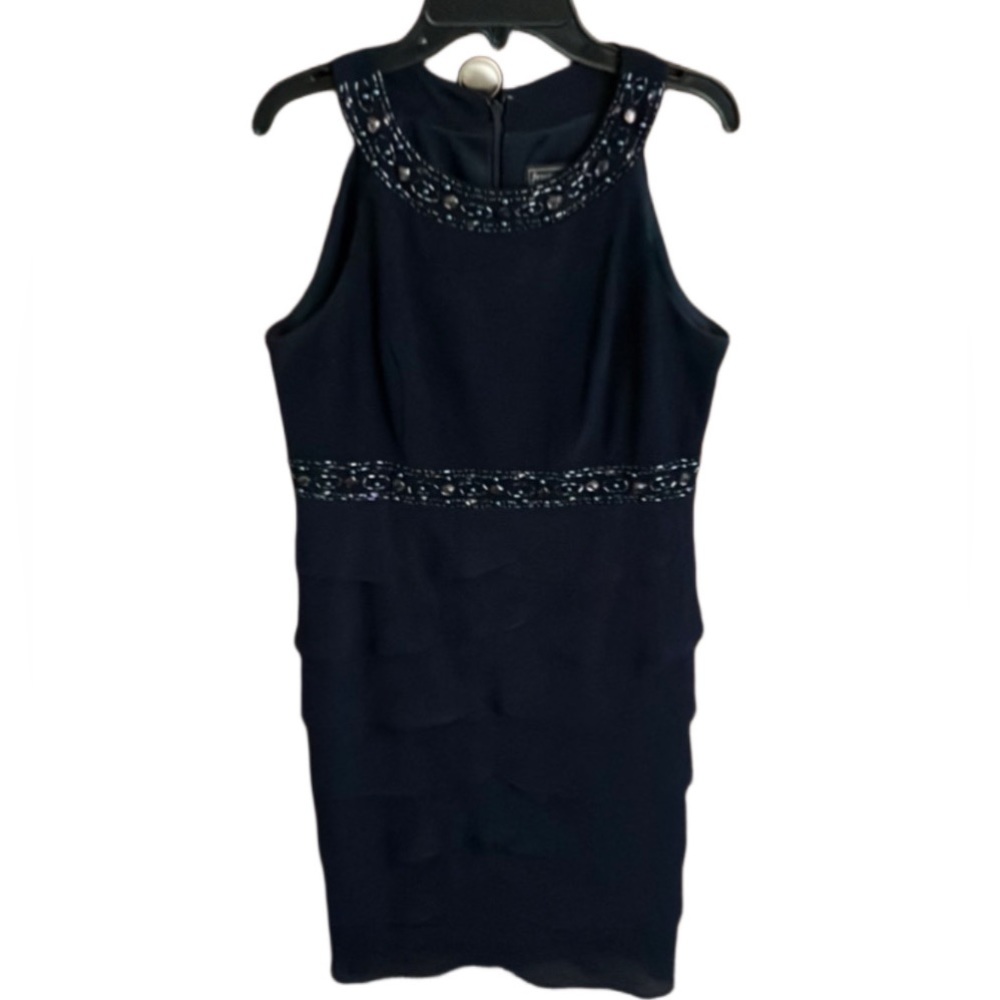 NWOT JESSICA HOWARD NAVY BLUE RUFFLE DRESS GEMS EMBELLISHED SIZE 8P